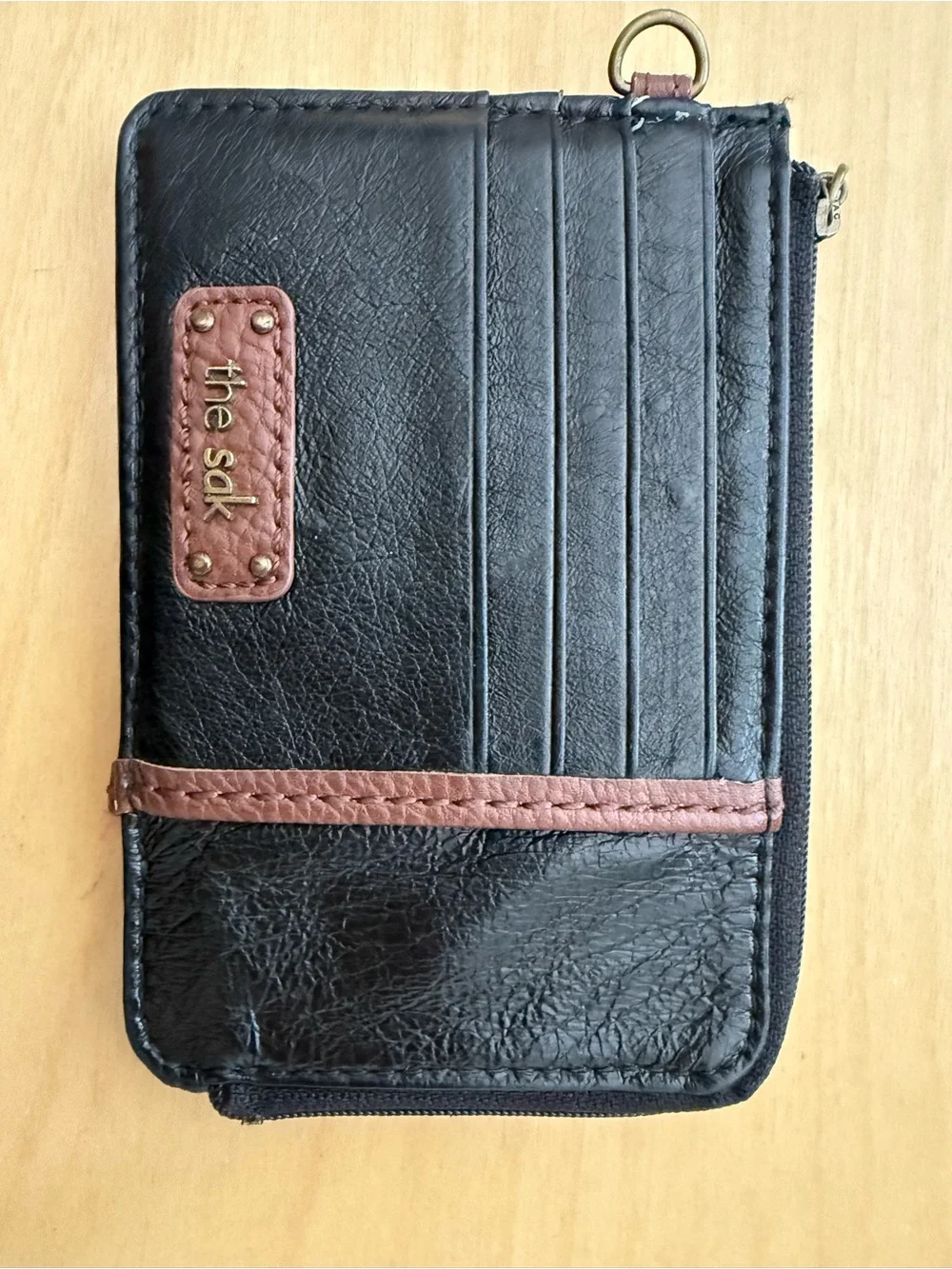 The Sak Black and Brown Leather Credit Card/ID  Zip Wallet